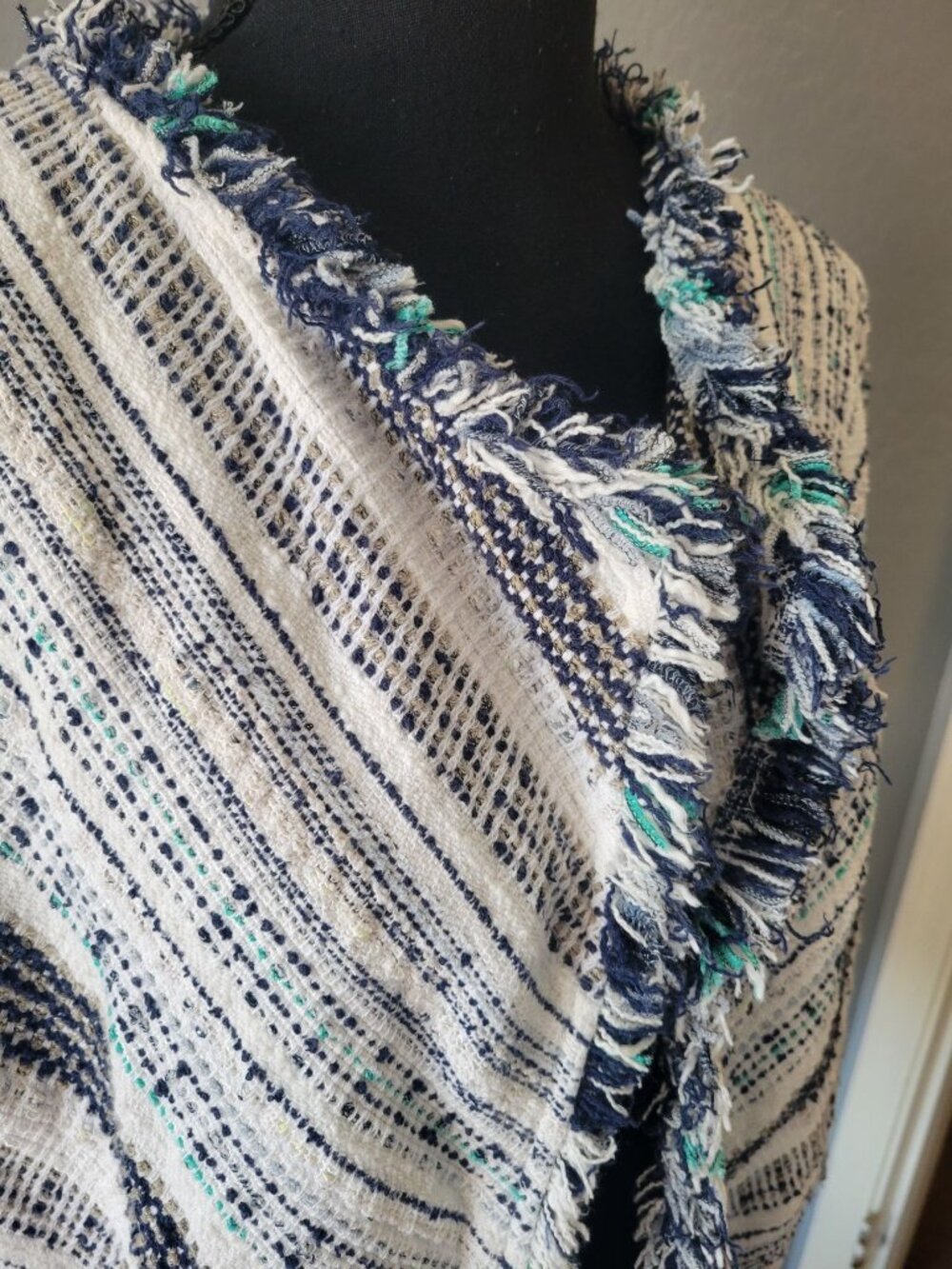 NIC+ZOE Women's Shake It Up jacket blue white striped textured knit fringe XL - Picture 3 of 12